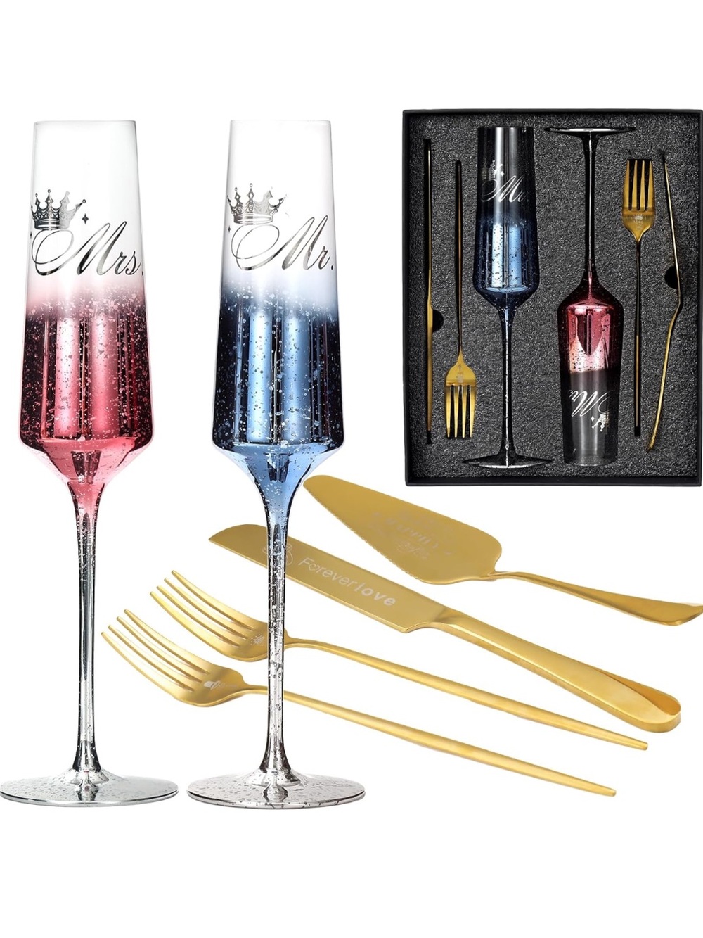 Wedding Cake Knife and Server Set, Mr and Mrs Champagne Flutes Bride & Groom NEW
